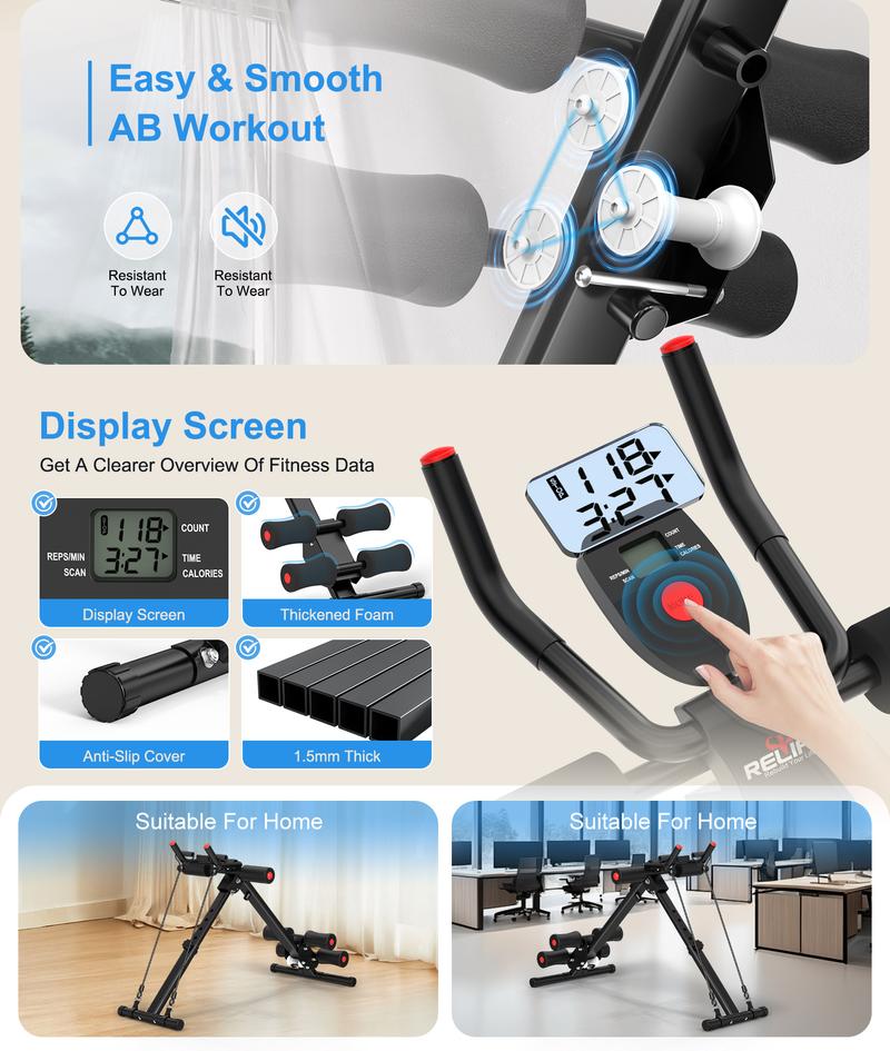 Relife Sports Adjustable Ab Trainer Machine with LCD Monitor, Resistance Bands & Knee Protection